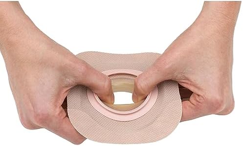 Close up of the Hollister two piece ostomy skin barrier tape border and floating flange structure.