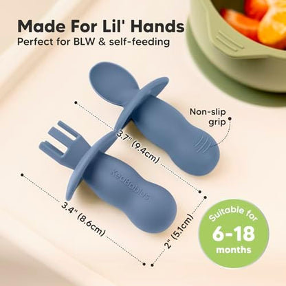 KeaBabies four pack baby led weaning utensils arranged neatly to show ergonomic handles.