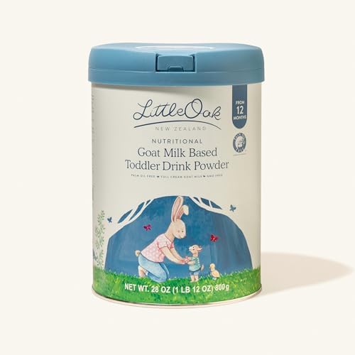LittleOak New Zealand goat milk powder tin showcasing product benefits and nutritional composition details