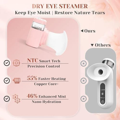 Electric heated eye steamer with three temperature control settings displayed.