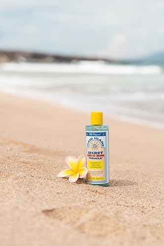 Maui Island Secret Burn to Brown bottle highlighting its tan-saving benefits.