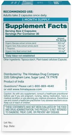 Side view of Himalaya Hello Calm Mind vegan capsules bottle highlighting Non-GMO verification