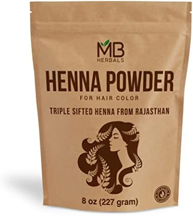 MB Herbals Triple Sifted Henna Powder packaging showing authentic raw ingredients from Rajasthan