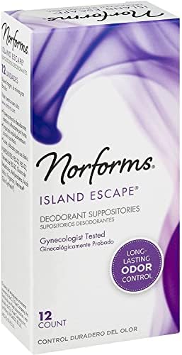 Close up of Norforms Island Escape plumeria scented deodorant suppository foil wrap