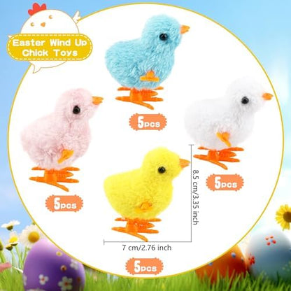 Colorful jumping mechanical chicks in yellow pink blue and white