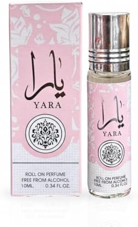 Side angle view of the Lattafa Yara fragrance set highlighting the premium Arabic design details of the bottle caps