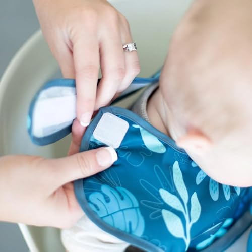 Bumkins blue tropic design lightweight toddler bib illustrating high coverage mealtime protection