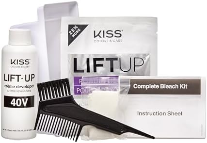 KISS Lift Up hair bleach kit components showing powder lightener developer toner plex serum brush and mixing tray