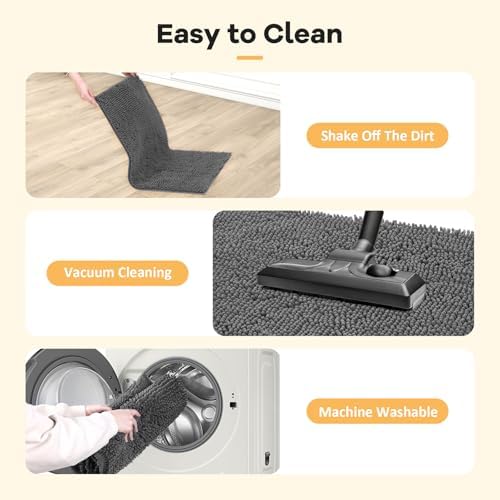 Versatile grey chenille dog mat utilized under pet feeding bowls in a modern living room.