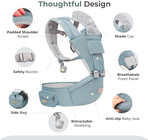 Multi position blue baby backpack carrier adjusted for toddler seating option