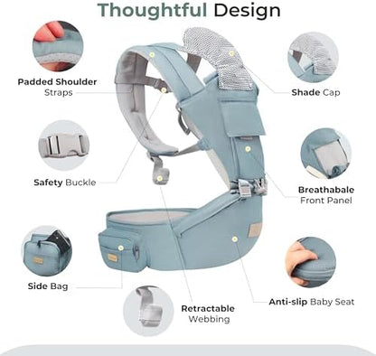 Multi position blue baby backpack carrier adjusted for toddler seating option