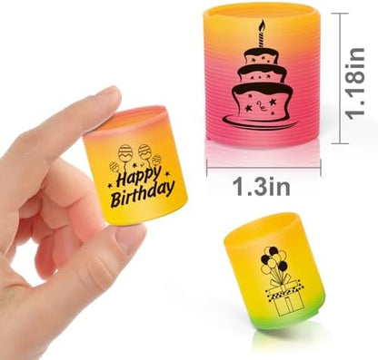 Miniature colorful plastic coil springs showing printed birthday balloon graphics