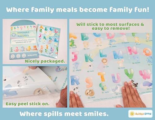 Toddler eating snacks off the educational animal alphabet and numbers table cover