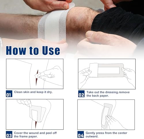 Six images showing the application steps and breathable design of the authentic Ceeport medical adhesive island dressing package.