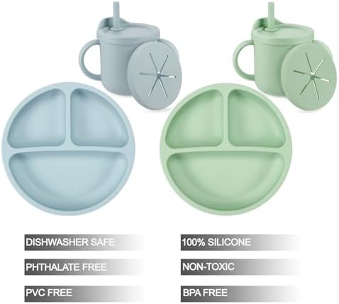 PandaEar baby led weaning divided suction plate in blue and green