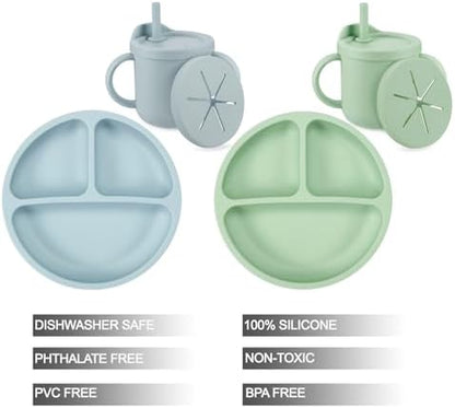 PandaEar baby led weaning divided suction plate in blue and green