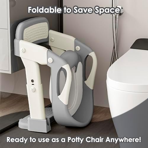 Argenens potty training ladder set up against a standard bathroom toilet displaying the four-point non-slip base stability.