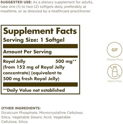 Solgar Royal Jelly dietary supplement nutritional information panel showing supplement facts.