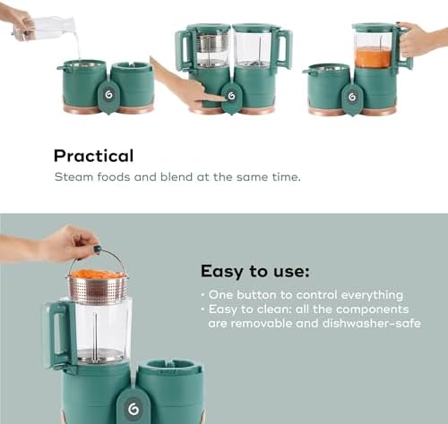 Babymoov eco friendly baby food processor beside four included glass storage containers with lids