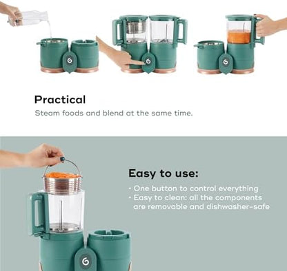 Babymoov eco friendly baby food processor beside four included glass storage containers with lids