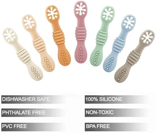 PandaEar first stage baby spoons in 7 different pastel colours spread out on a table.