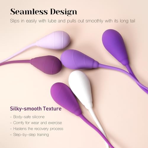 Set of six purple and white Kegel weights for strength training.