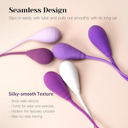 Set of six purple and white Kegel weights for strength training.