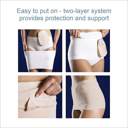 Seamless beige ostomy garment for hernia prevention and active lifestyle