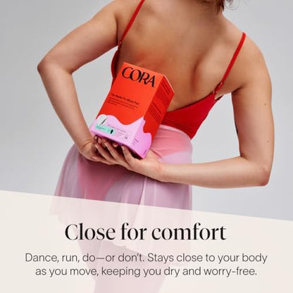 Cora Made to Move regular pads packaging highlighting 100 percent organic cotton.