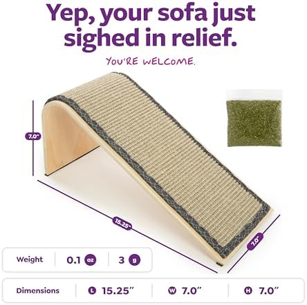 SmartyKat Sisal Angle Ramp Cat Scratcher displayed with organic catnip pouch.