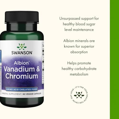 Authentic imported Swanson health supplement bottle highlighting the patented Albion minerals logo for superior absorption.