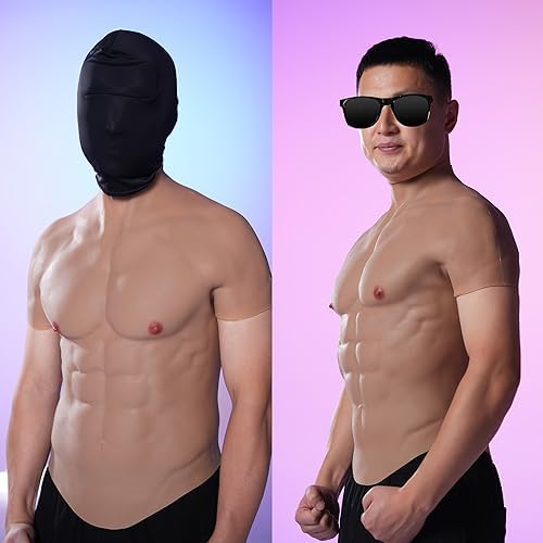 Close-up detail of the realistic silicone skin texture on the pectoral area