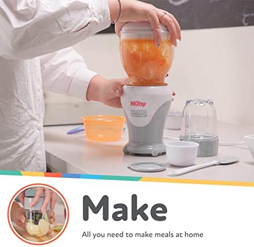 Cool gray Nuby baby food maker showing six included food storage pots with lids.