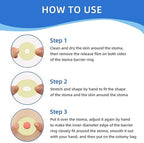 Full product kit of twenty pieces flexible ostomy barrier rings showing outer dimensions and thickness