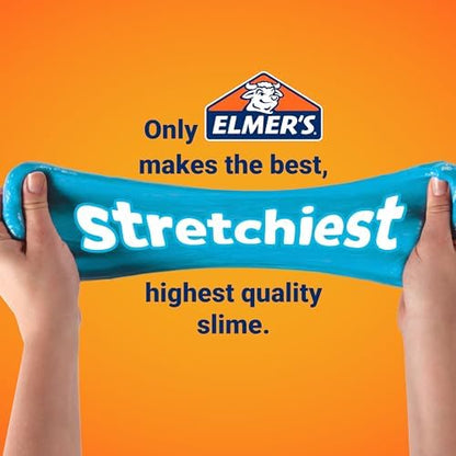 Five bottles of Elmer's Magical Liquid slime activators showing regular butter and crunchy formulas