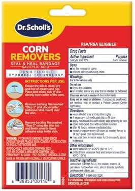 Back of Dr. Scholl's Corn Removers packaging displaying the active ingredients and instructions.