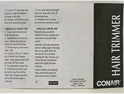 Close up view of the durable stainless steel blades and contoured handle on the Conair corded electric personal care trimmer.