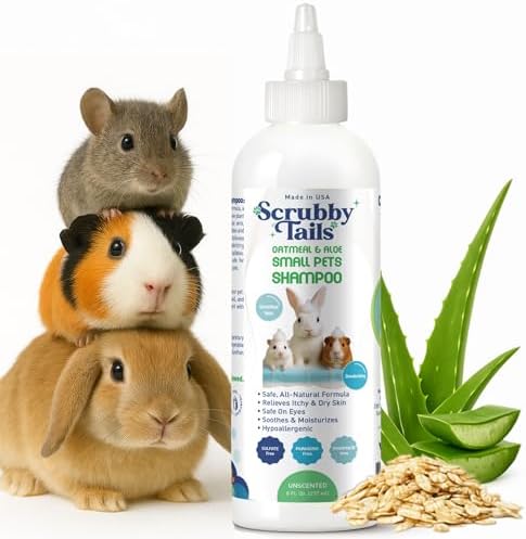 Hypoallergenic unscented small animal shampoo bottle featuring colloidal oatmeal and aloe vera ingredients.