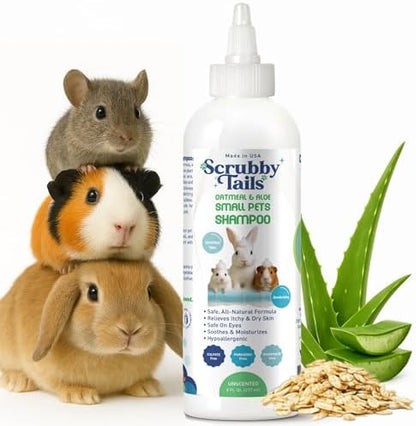 Hypoallergenic unscented small animal shampoo bottle featuring colloidal oatmeal and aloe vera ingredients.