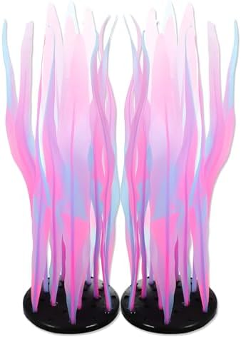 Fluorescent silicone fish tank decorations glowing vividly under blue aquarium lighting