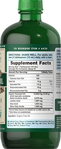 Organic unrefined flaxseed oil liquid dietary supplement bottle for heart support