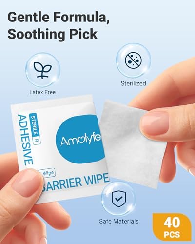 Individually wrapped Amolyfe protective skin prep wipes for medical adhesive use.