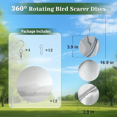 Close-up of 3D reflective stainless steel disc bird repellent.