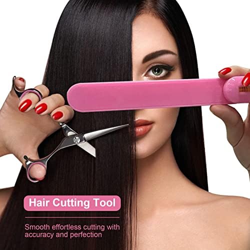 TagRecove professional hair cutting shears with pink finger rings next to the adjustable liquid leveler clip
