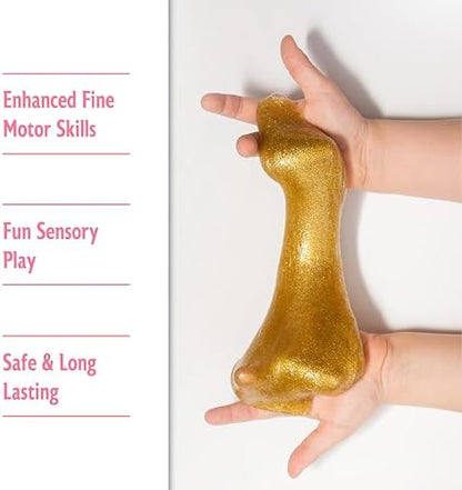 Sensory glitter putty being stretched to demonstrate elasticity and pliability.