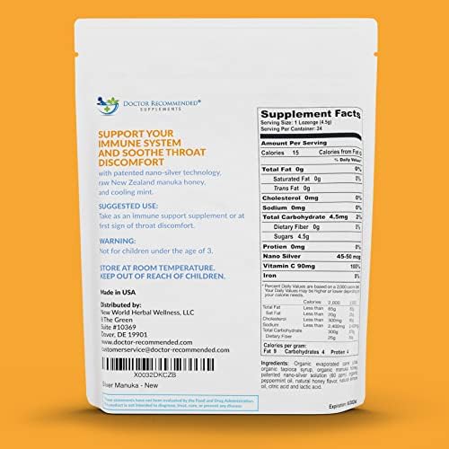 Nano silver throat drops with raw New Zealand Manuka honey for coughing relief.