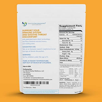 Nano silver throat drops with raw New Zealand Manuka honey for coughing relief.