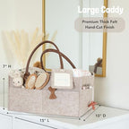 Close up of quilted leather handles on Lily Miles baby caddy