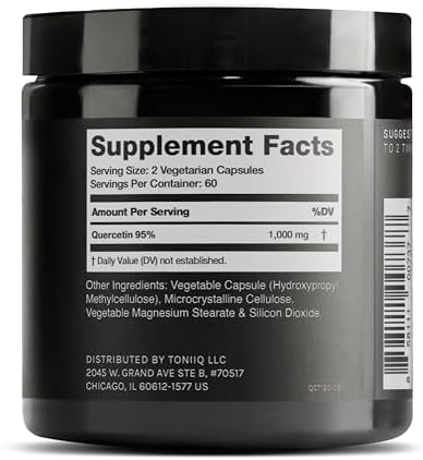 Toniiq Quercetin 1000mg supplement facts label showing 95 percent standardization