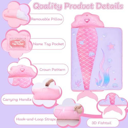 Integrated lightweight blanket extended showing full coverage dimensions for daycare use.